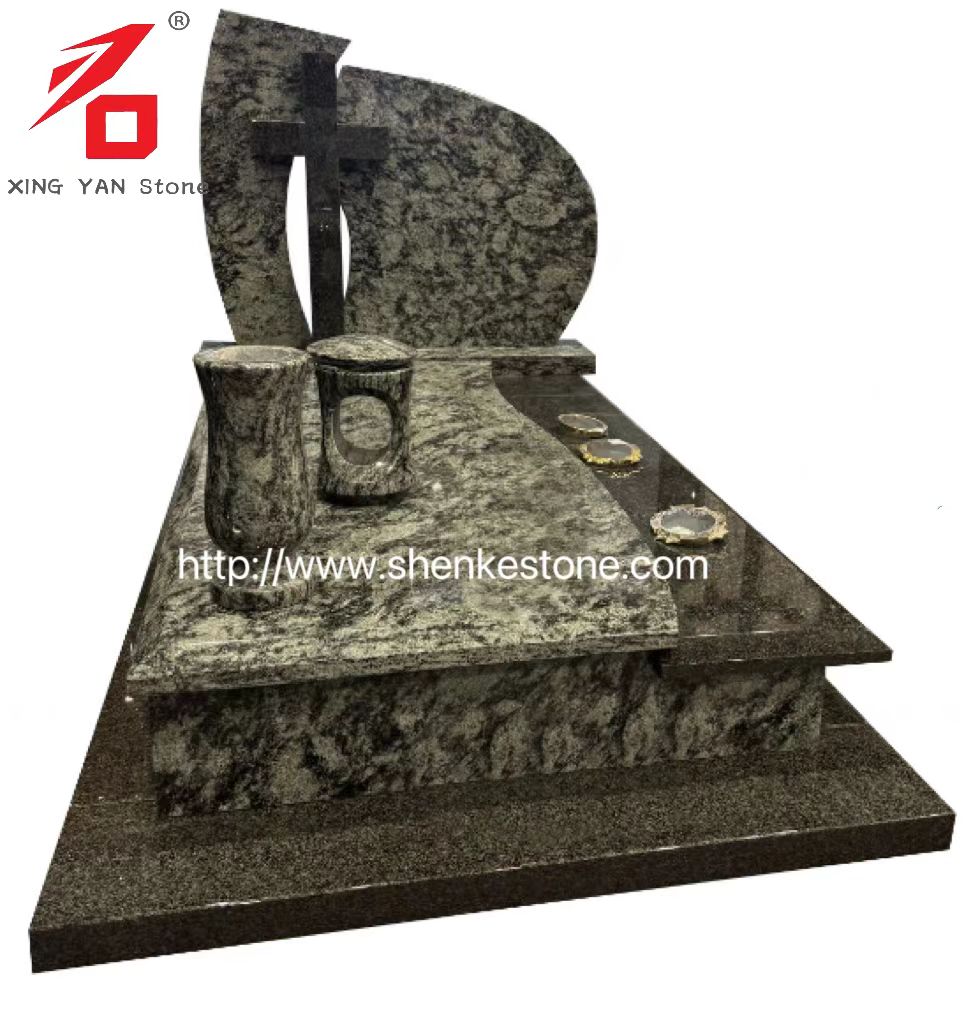 Monument funéraire chinois vert olive en granit (avec vase)