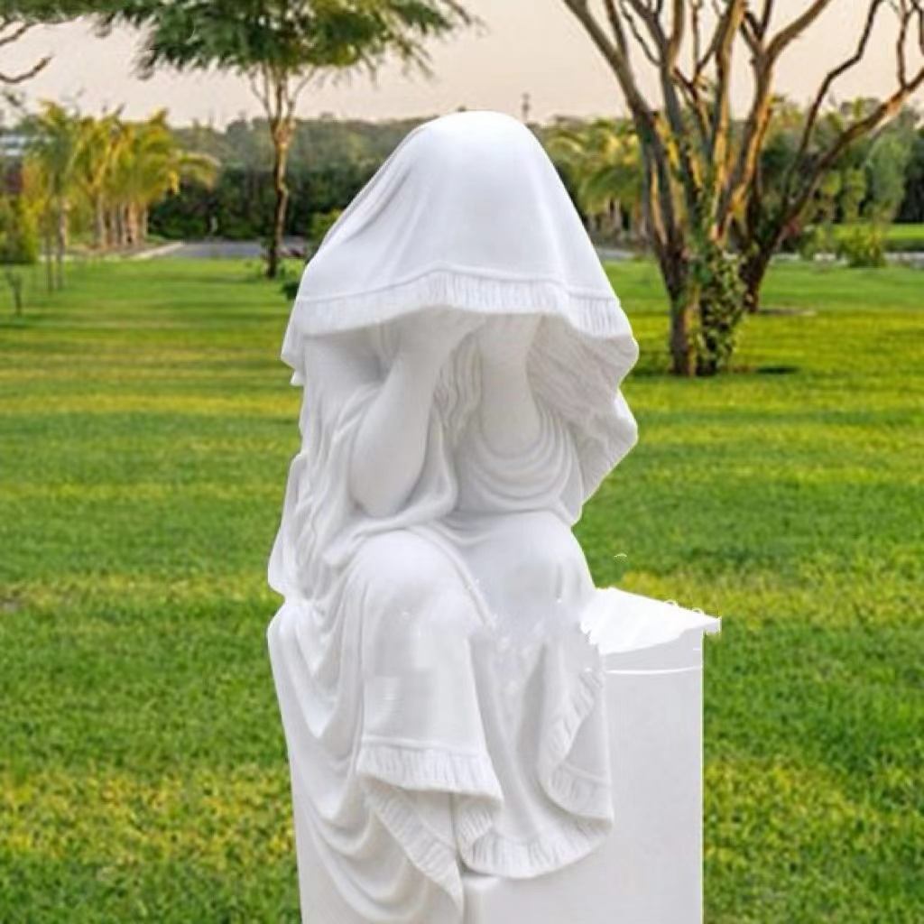 Statue en marbre blanc avec un voile – Sculpture décorative en pierre commémorative artistique